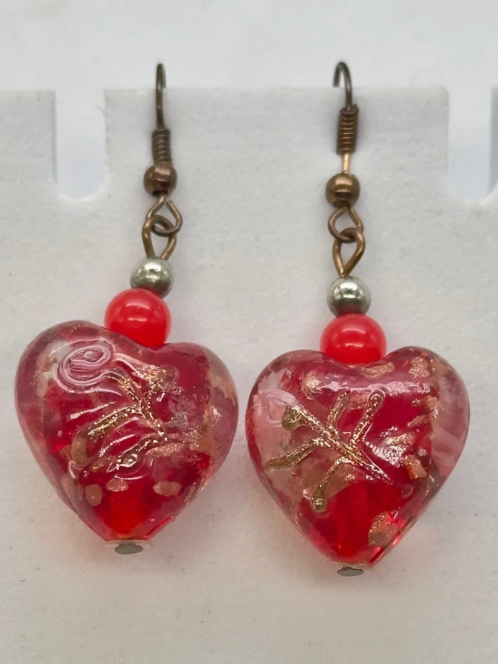 Art Glass Heart Drop Earrings Murano Style Red Hooks Pierced Valentines
